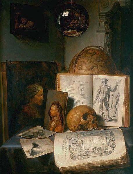 simon luttichuys Vanitas still life with skull, books, prints and paintings France oil painting art